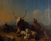 Shepherd with animals in the countryside - 尤金·约瑟夫·维保盖文